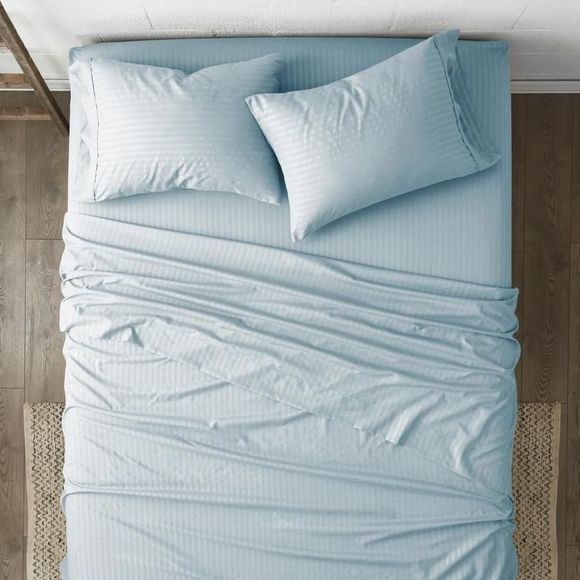 Embossed Striped Bed Sheet Collection (4-Piece), Light Blue, King - Picture 2 of 4